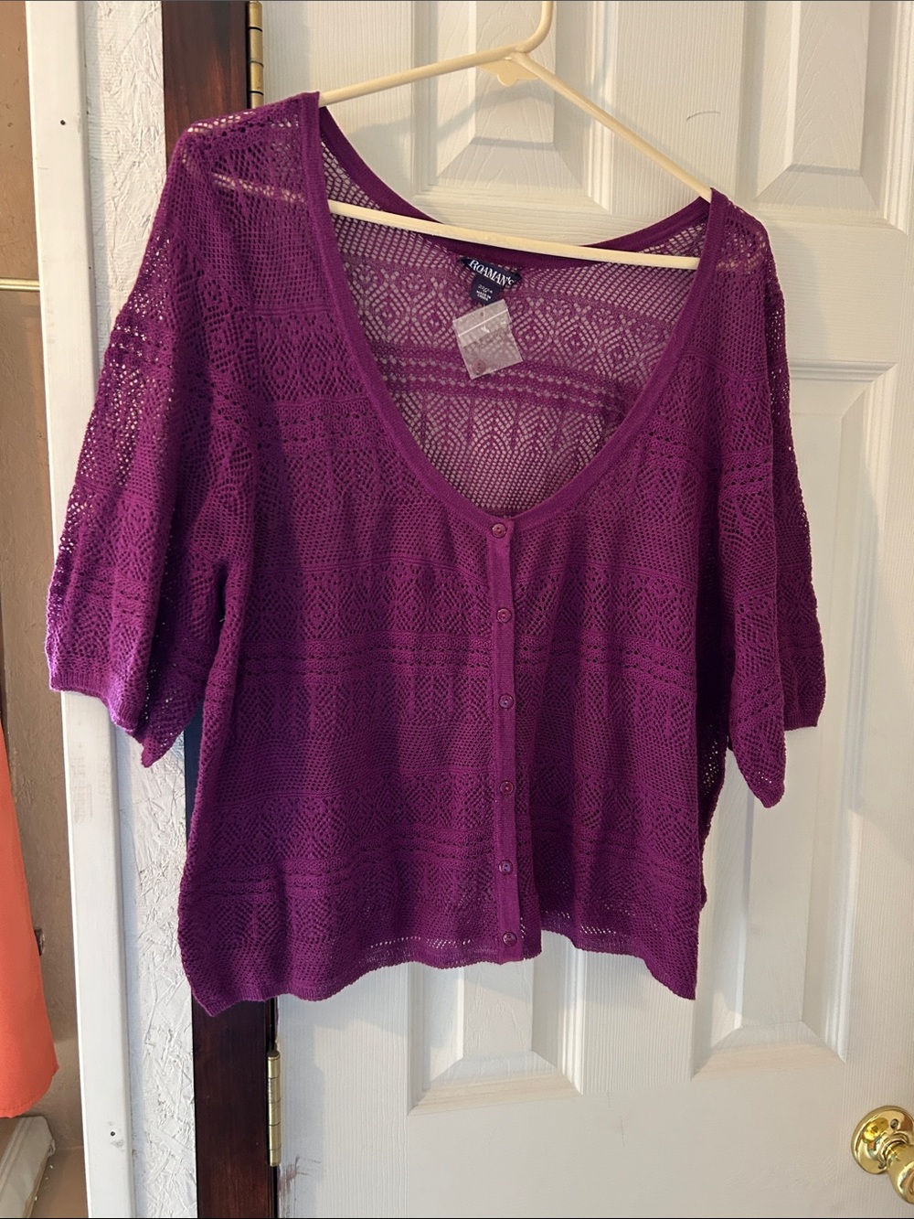 Roaman's Purple Crochet Knit Scoop Neck Top